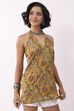 Mustard Cotton Floral Halter Lace-Up Kurti image number 5