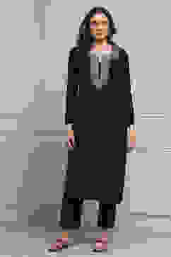 Black Acrylic Solid Straight Winter Kurta image number 5