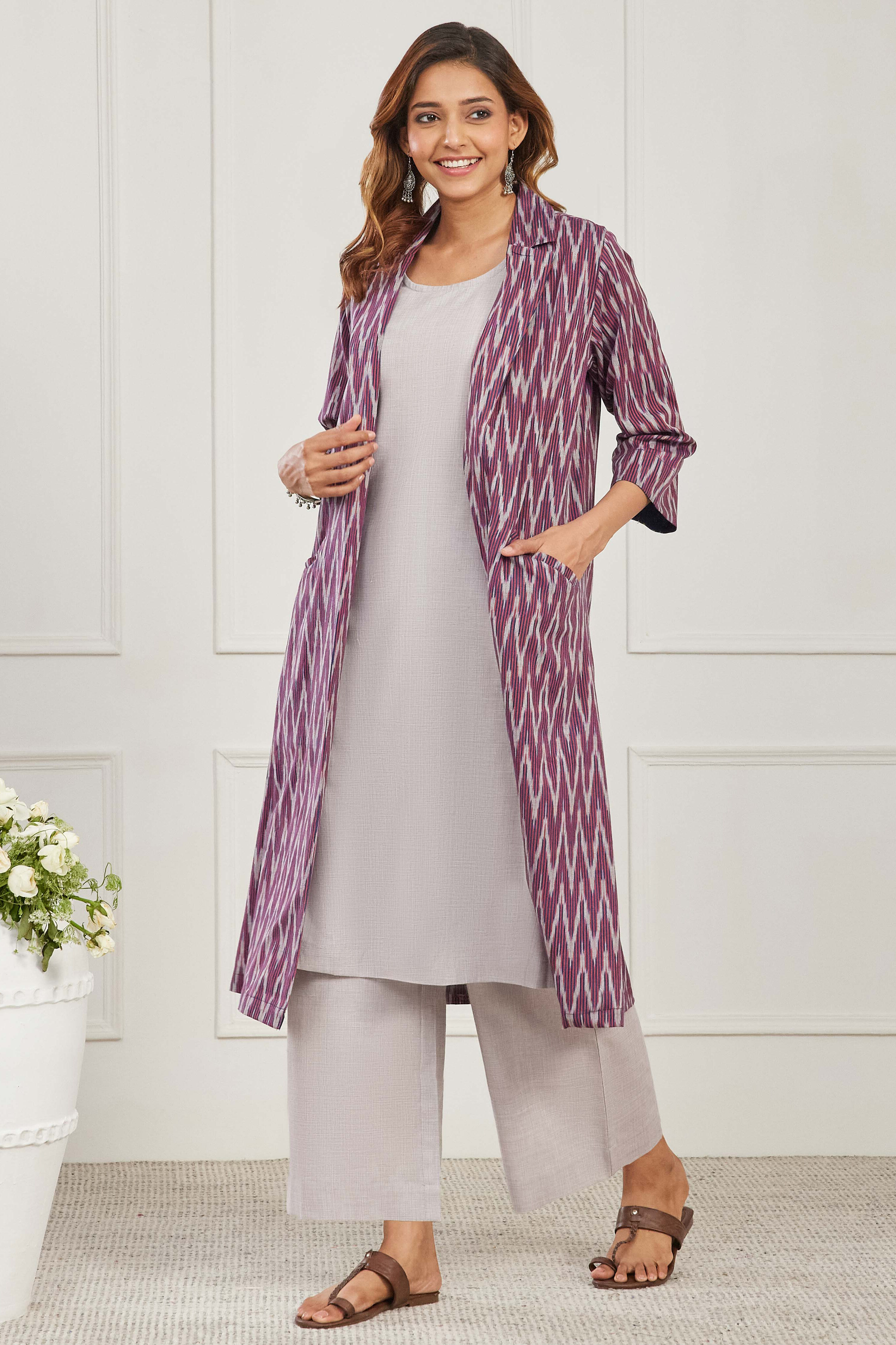 Grey & Purple Cotton 3-Piece Kurta Set With Ikkat Jacket image number 3
