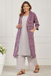 Grey & Purple Cotton 3-Piece Kurta Set With Ikkat Jacket image number 3