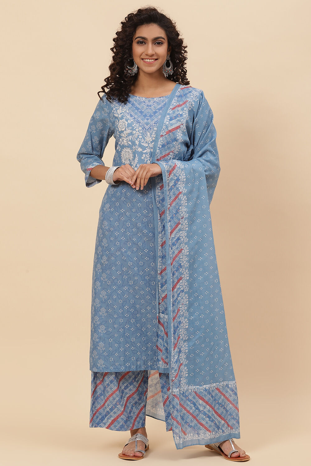 Blue Cotton Straight Kurta Palazzo Suit Set image number 0
