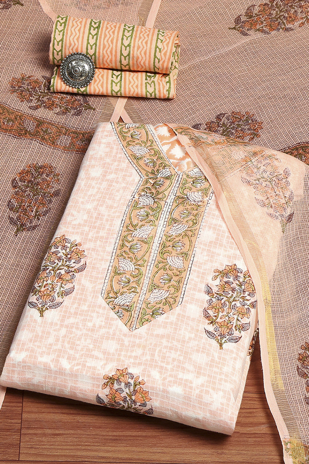 Blue Cotton Hand Block Print Unstitched Suit Set image number 0