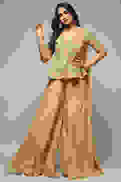 Beige Cotton Silk A-Line Embroidered Kurta Sharara Suit Set image number 0