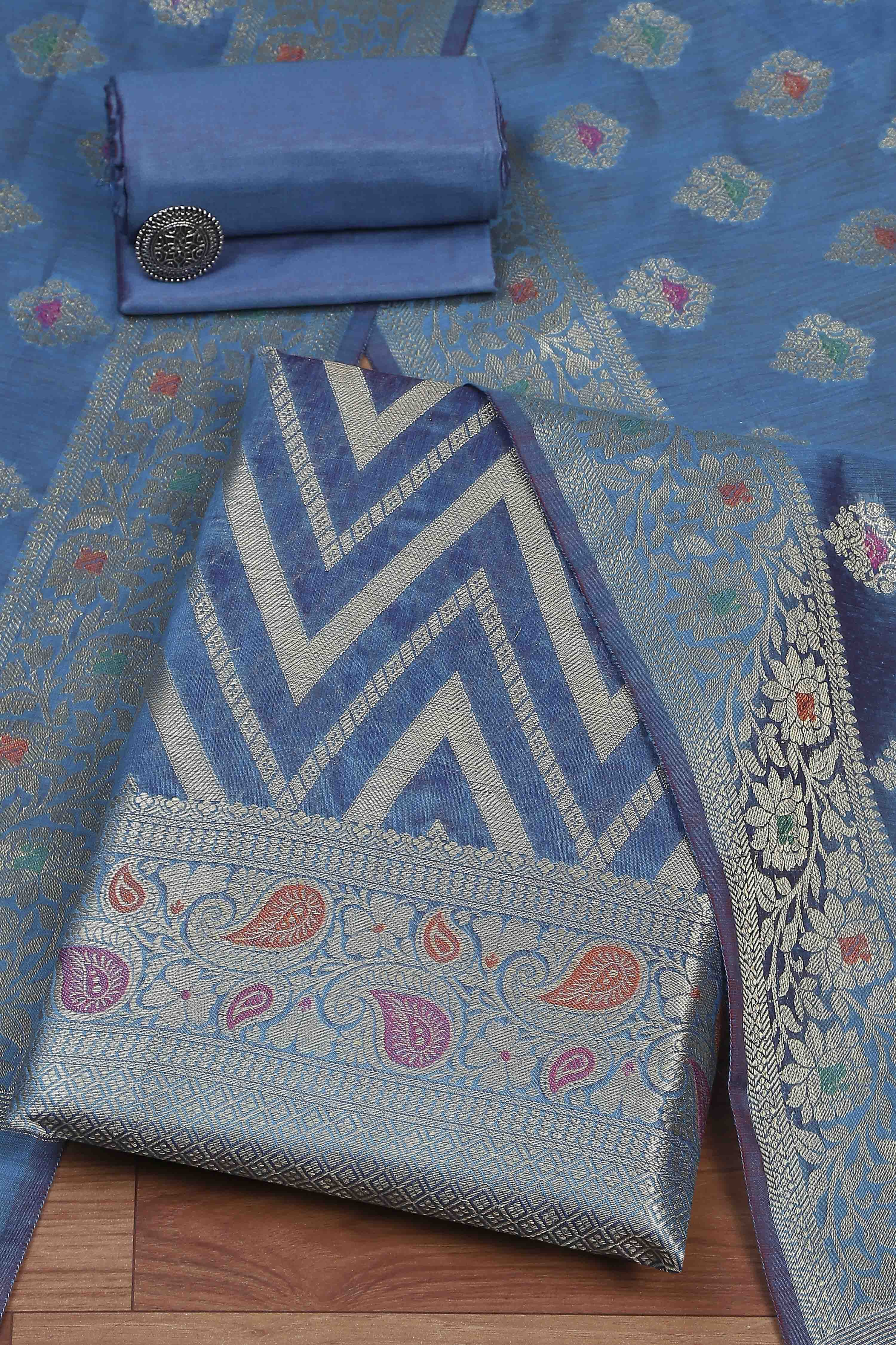 Blue Cotton Printed Embroidered Unstitched Suit Set image number 0