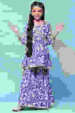 Blue Printed Cotton Peplum Kurta & Garara With Net Dupatta image number 0