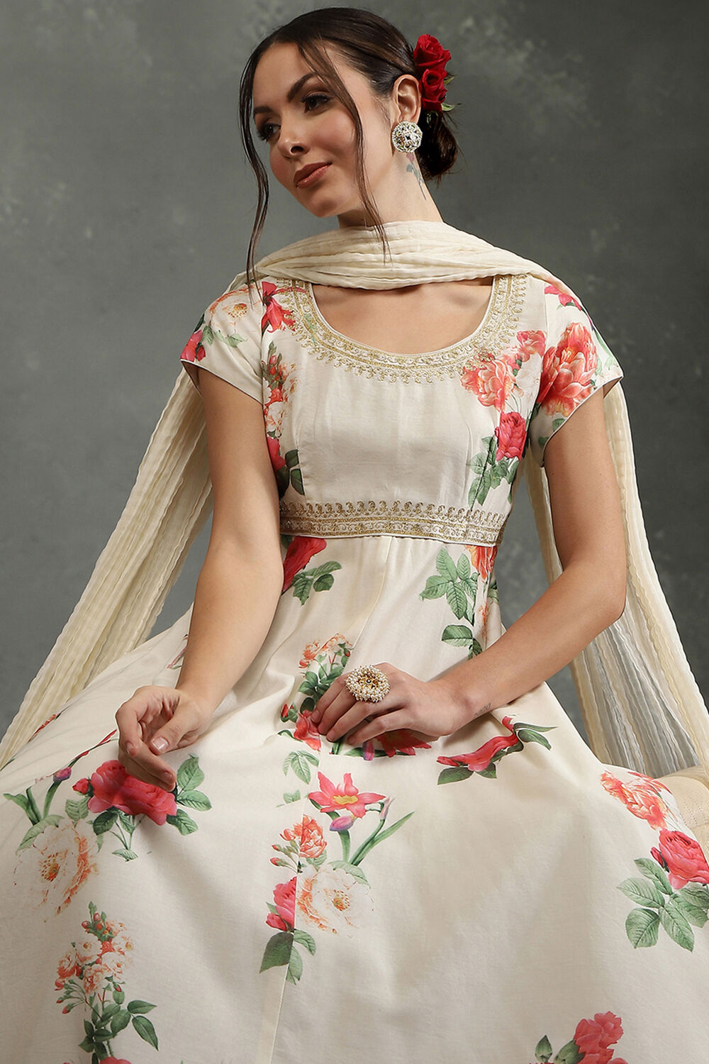 Cream-Colored Silk Chanderi Floral Printed Anarkali Suit Set image number 7