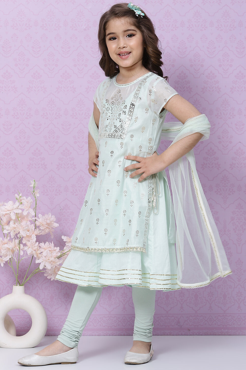 Light Blue Art Silk Flared Kurta Churidar Suit Set image number 6