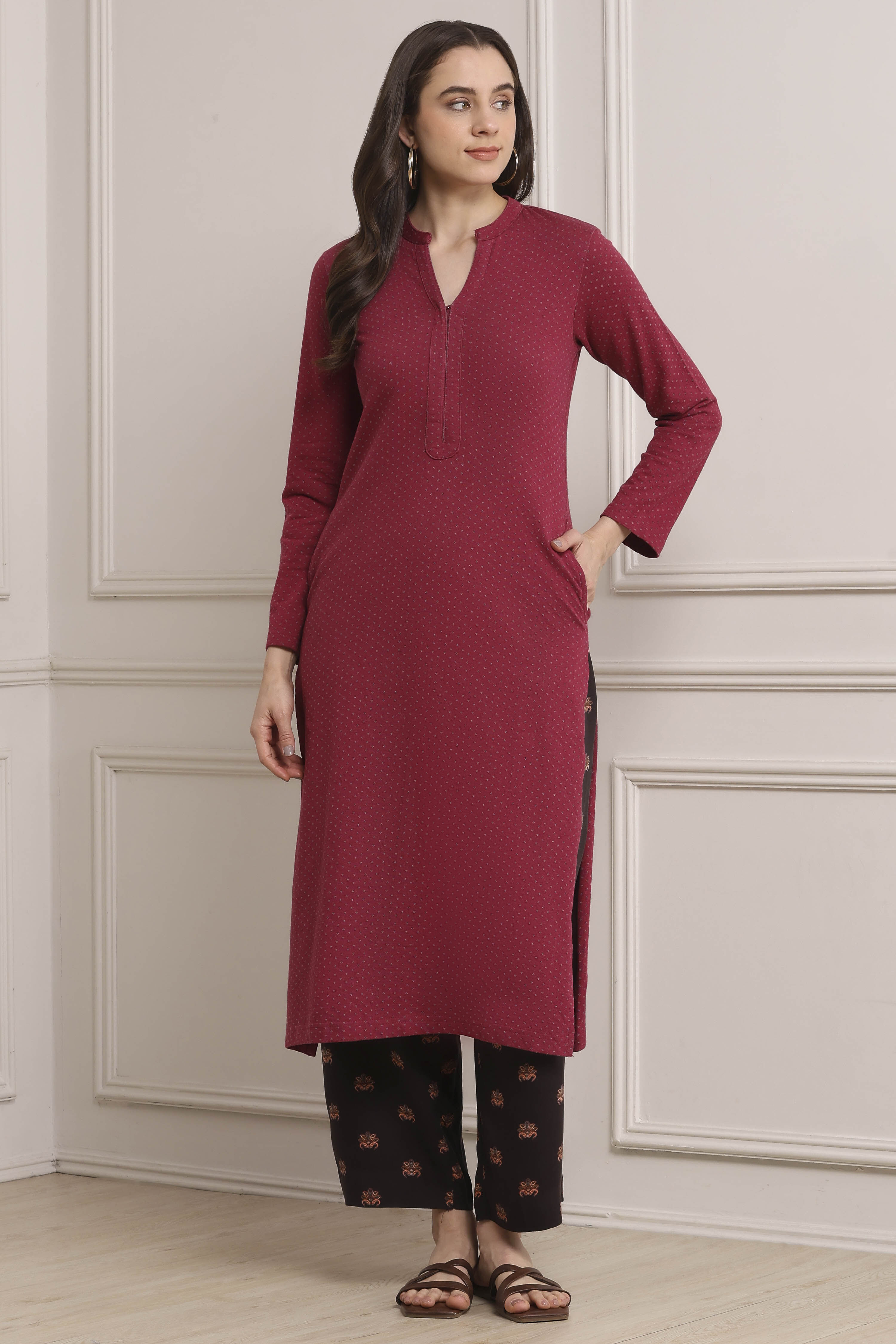 Berry Cotton Straight Kurta Pants Set image number 6