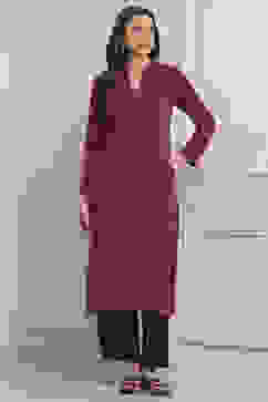 Berry Cotton Straight Kurta Pants Set image number 6