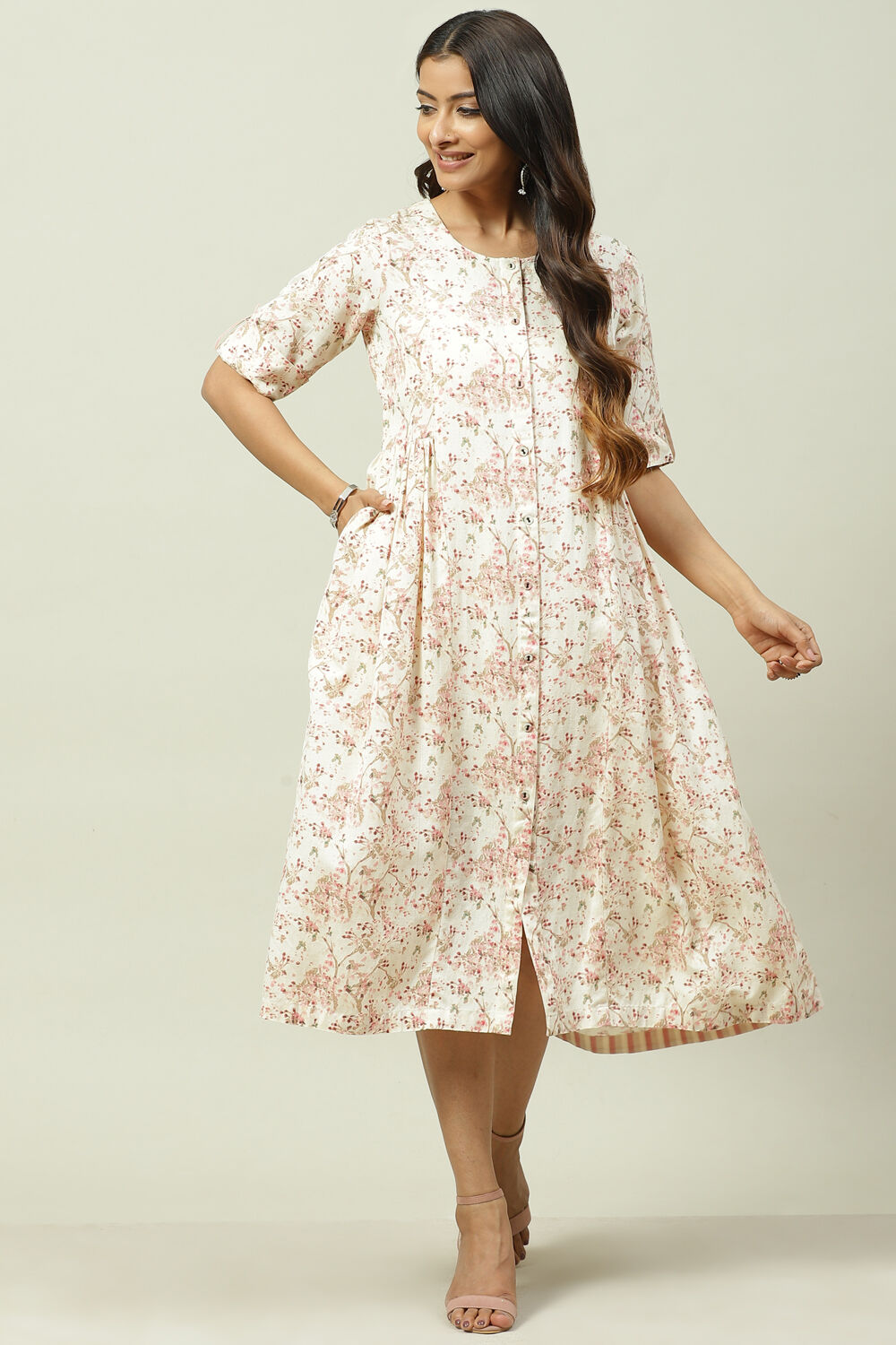 Natural LIVA Flared Printed Dress image number 0