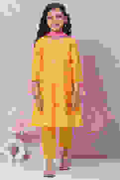 Yellow Cotton Flared Kurta Pant Suit Set image number 0