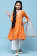 Orange Cotton Printed Flared Kurta White Palazzo & Dupatta