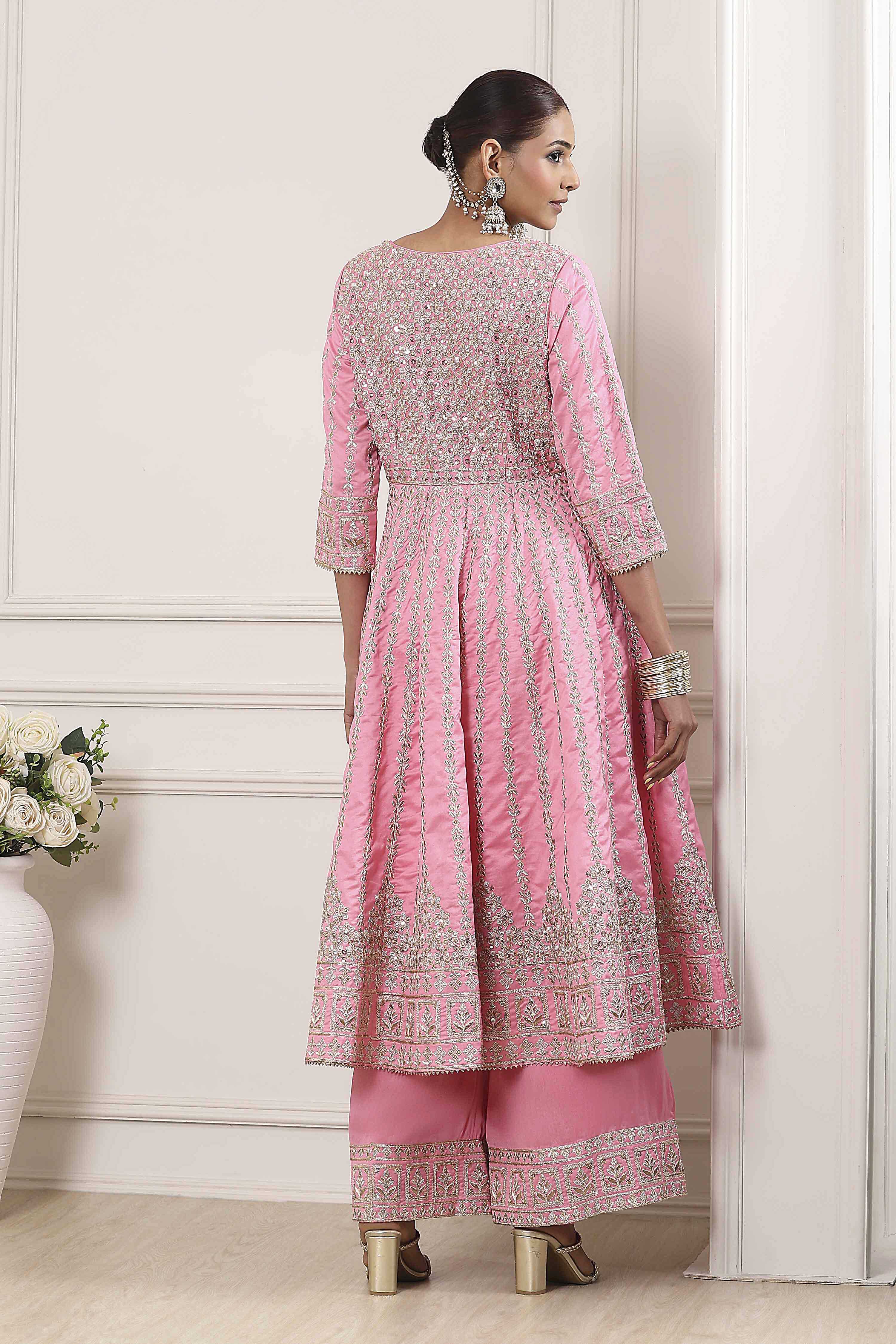 Rose Pink Cotton Silk Anarkali Suit Set image number 4