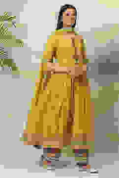 Lime Green Cotton Anarkali Kurta Palazzo Suit Set image number 3