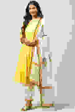 Yellow Cotton Flared Kalidar Kurta Slim Pant Suit Set image number 5