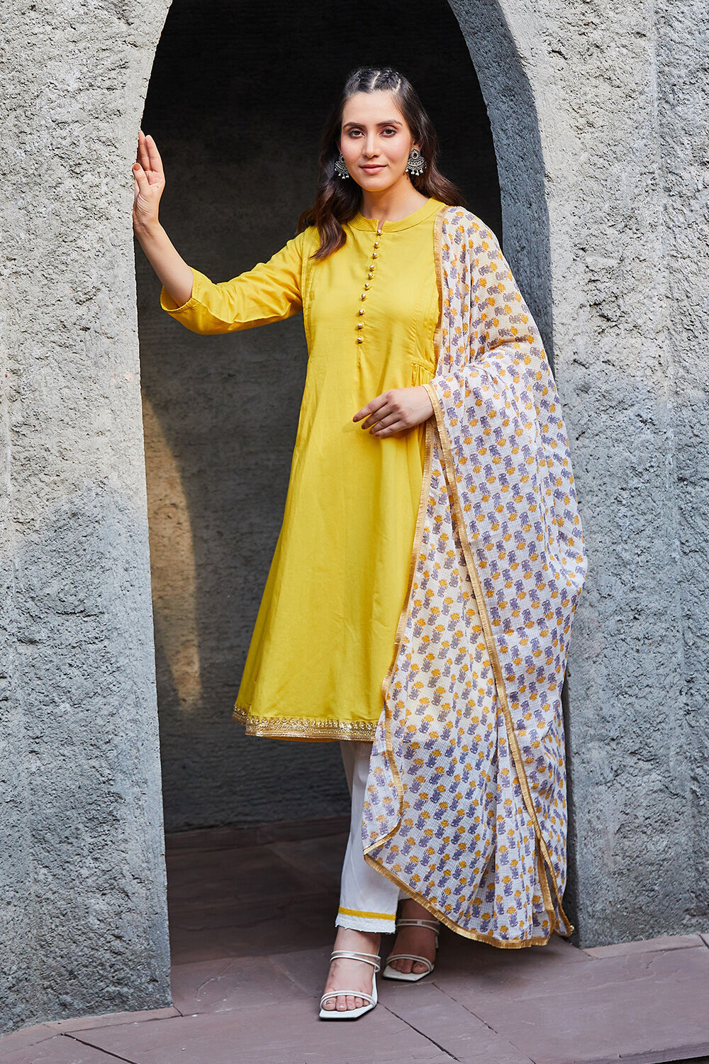 Yellow Cotton Gathered Kurta & Pants Suit Set image number 3