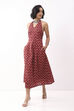 Red Cotton Floral Printed Lace-Up Midi Dress image number 2