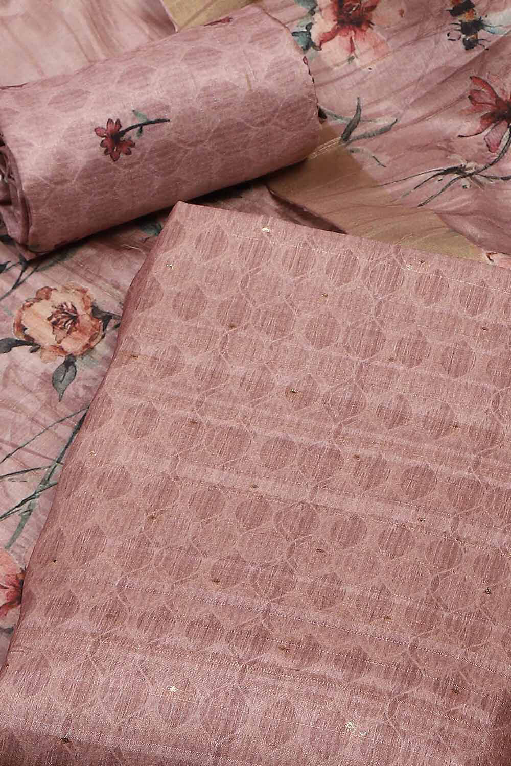 Peach Silk Tussar Handloom Unstitched Suit Set image number 1