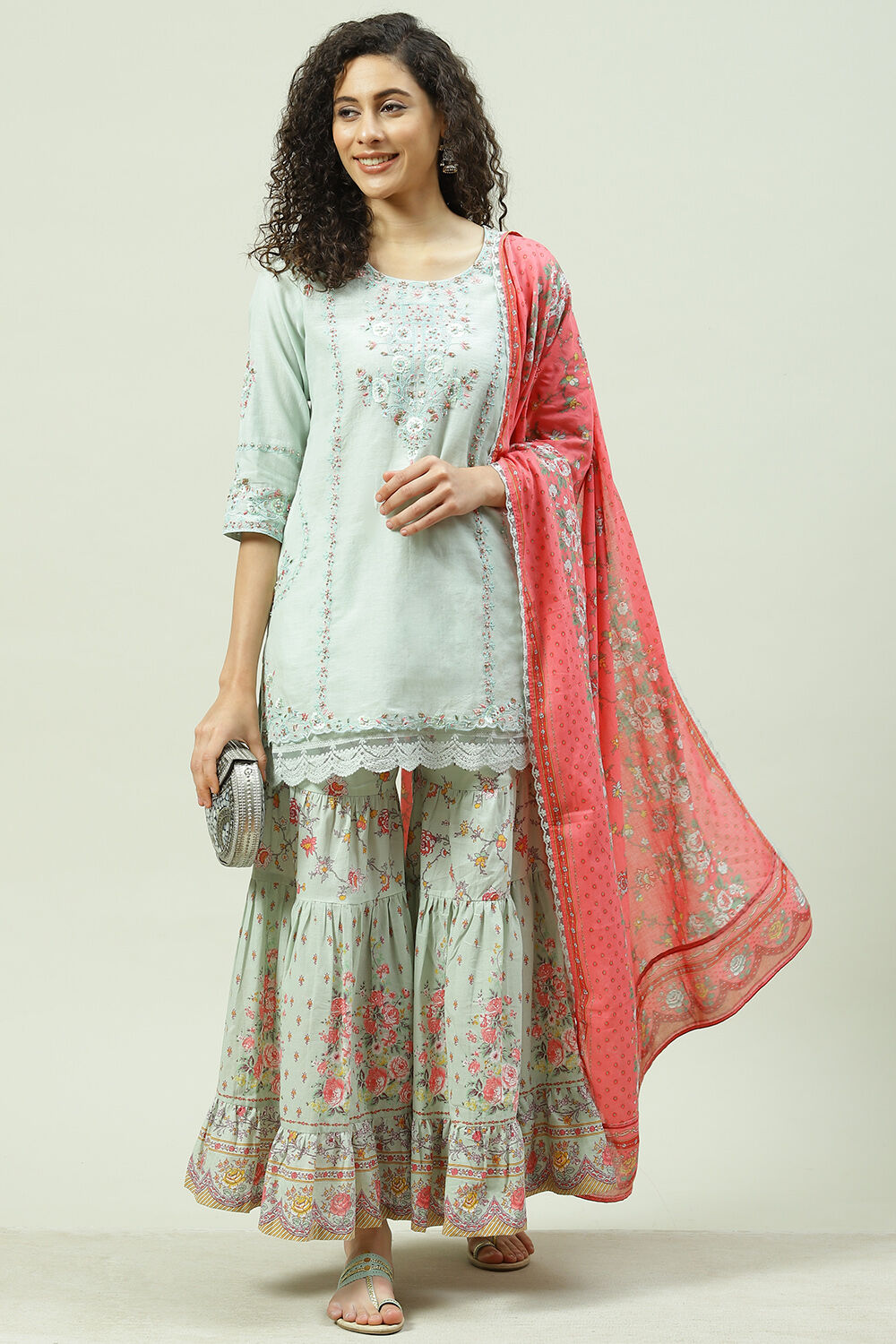 Pista Green Relaxed Kurta Garara Suit Set image number 0