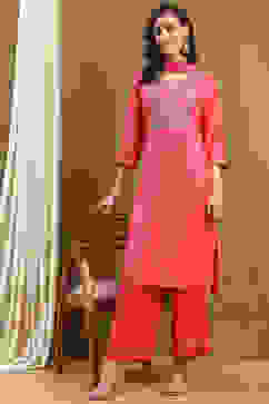 Pink Printed Festive Straight Suit Set image number 0