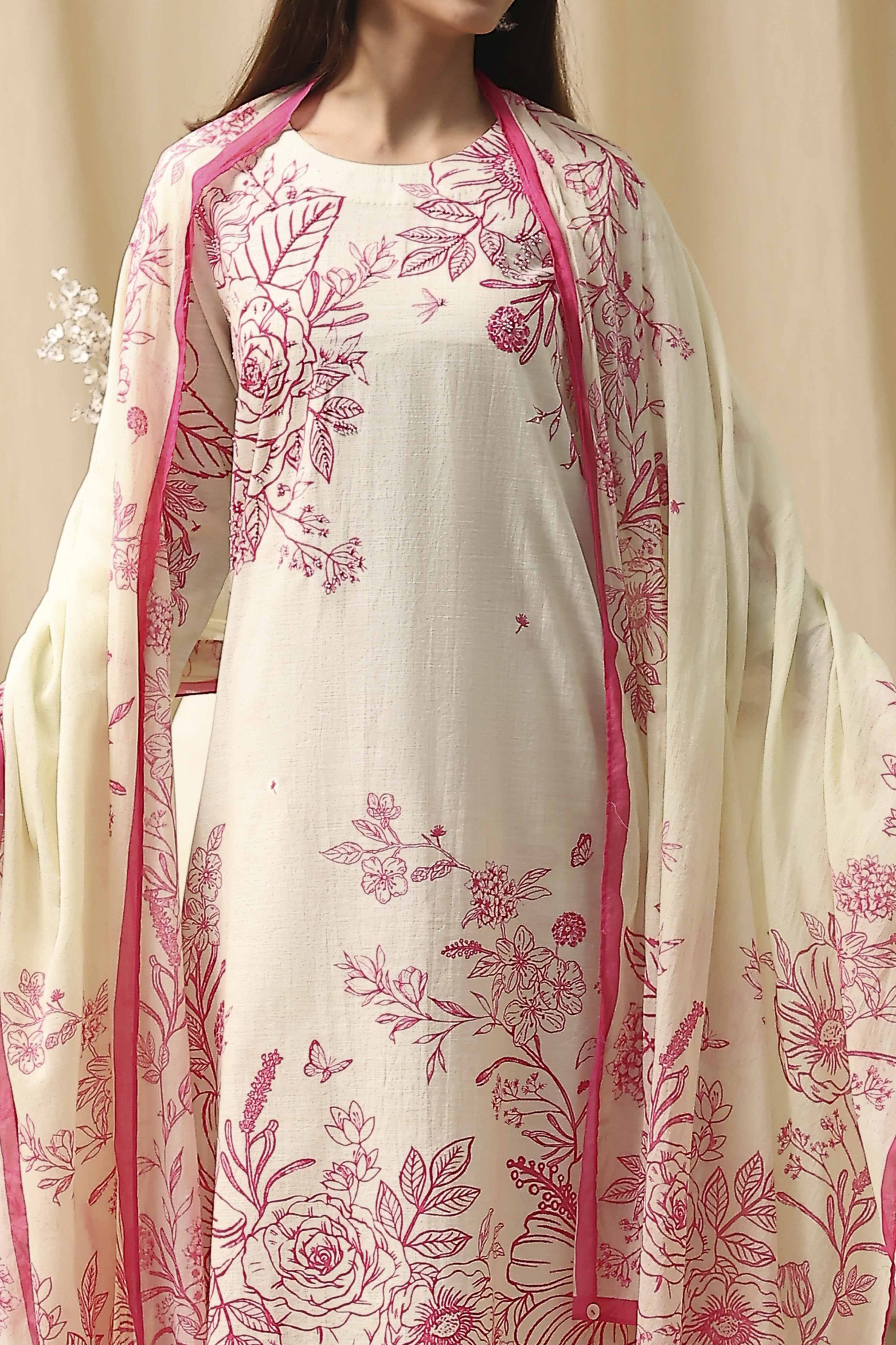 Off-White and Pink Cotton Straight Suit Set image number 1