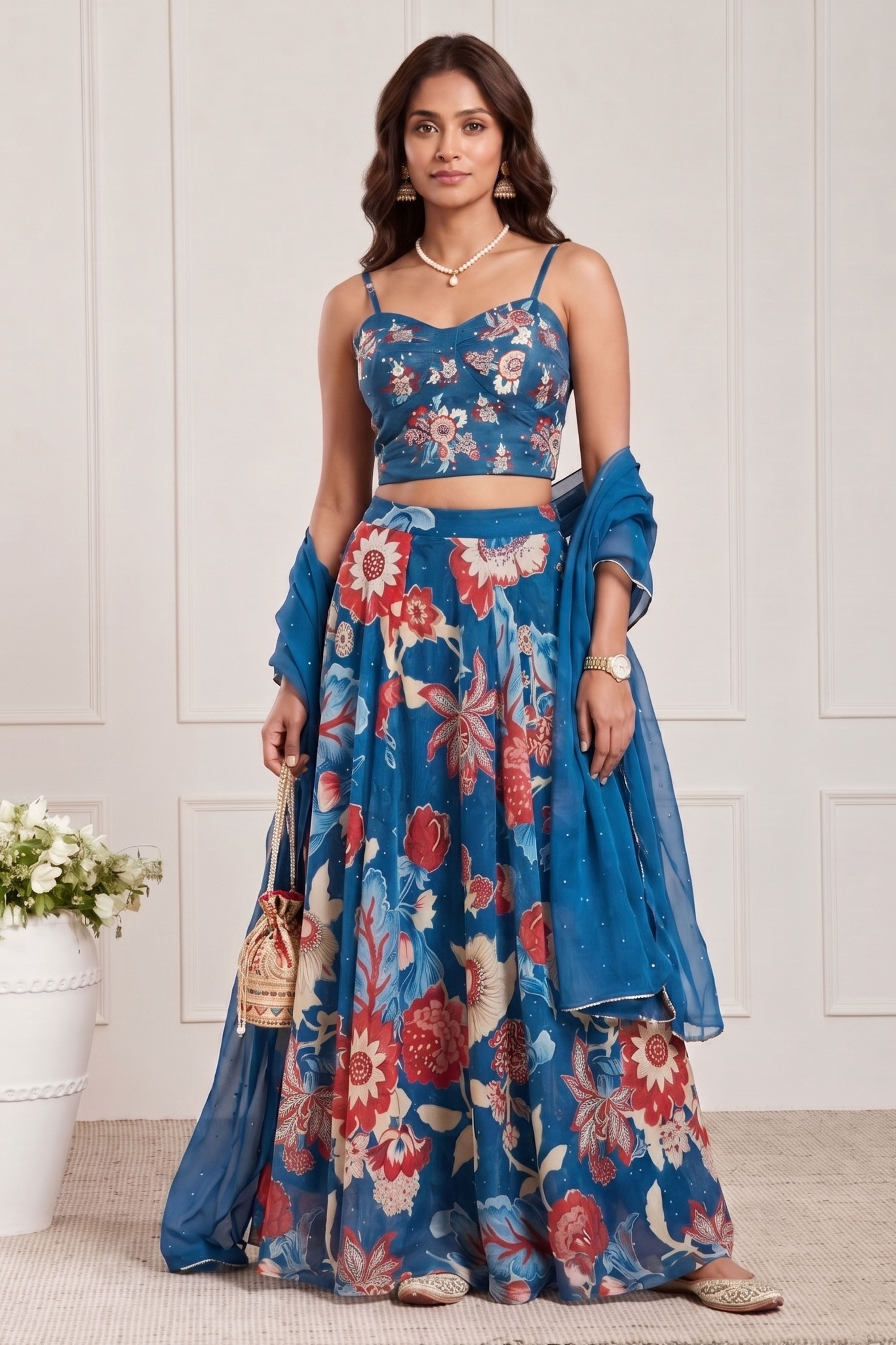 Blue Viscose Rayon Printed Lehenga Set image number 8