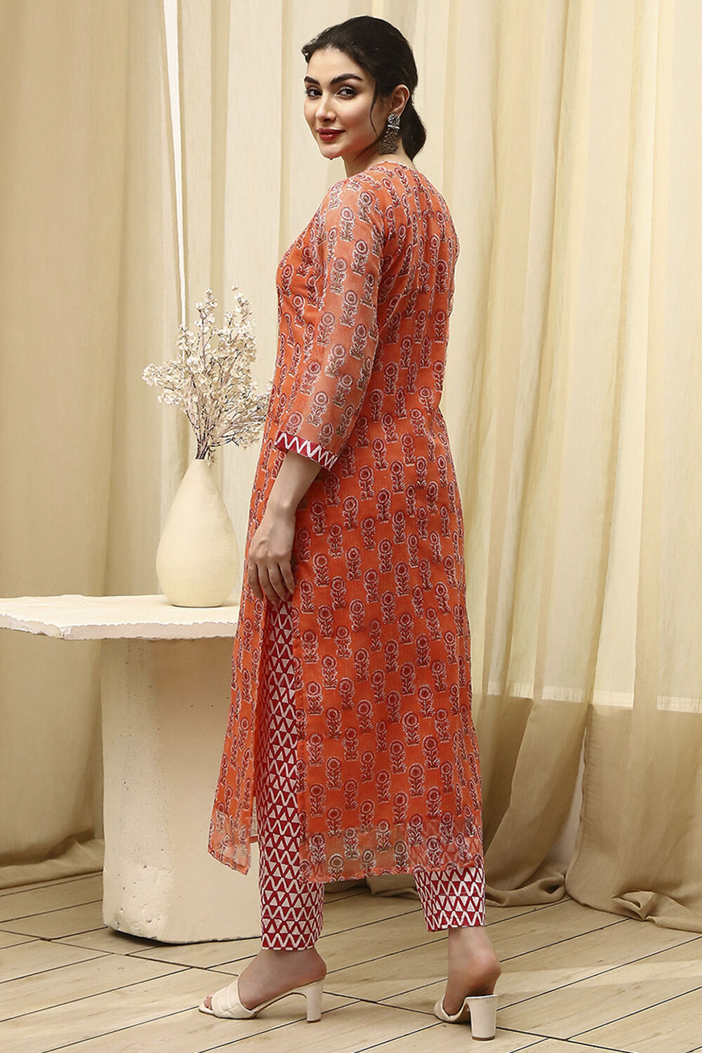 Coral Cotton Hand Block Print Unstitched Suit Set image number 6