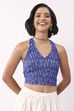 Royal Blue Cotton Abstrast Smocked Back Crop Top image number 4
