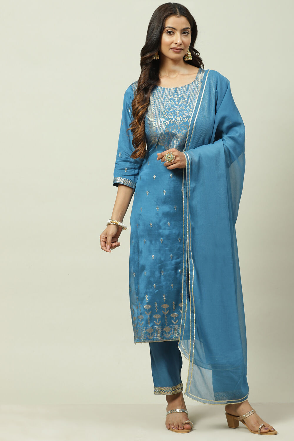 Blue Printed Viscose Straight Kurta Regular Pant Suit Set image number 7