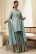 Powder Blue Embroidered Straight Suit Set image number 5