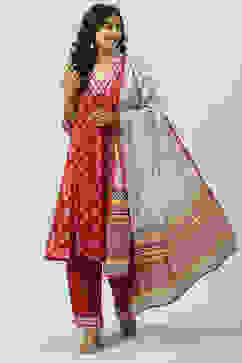 Red LIVA A-Line Kurta Palazzo Suit Set image number 6