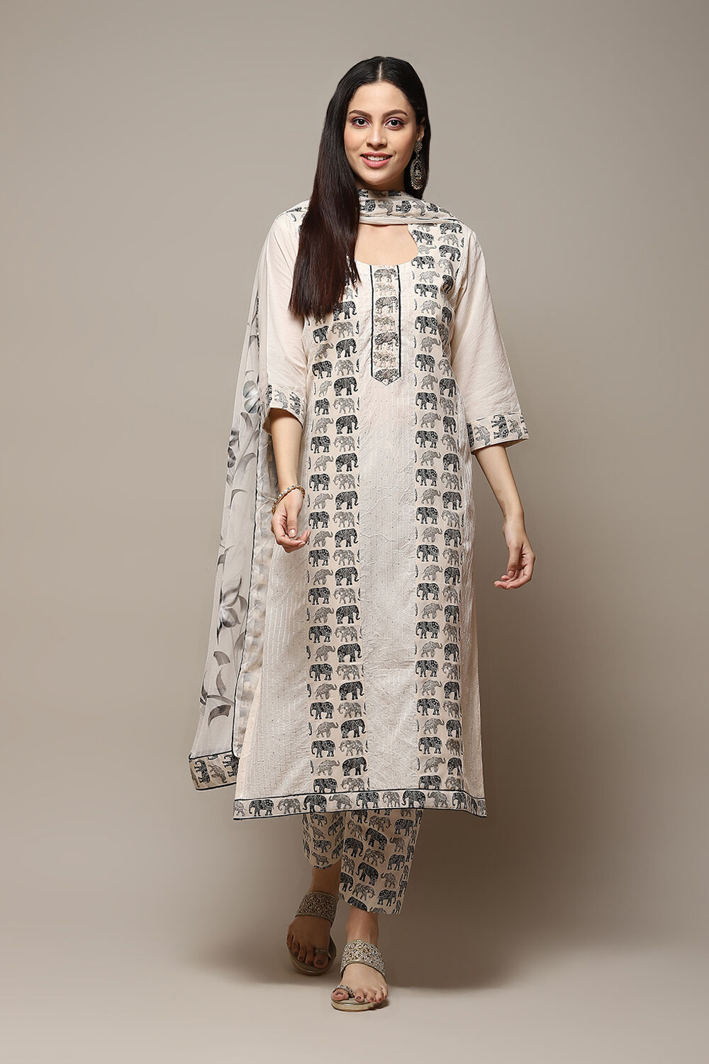 Off White Cotton Handloom Unstitched Suit Set image number 8