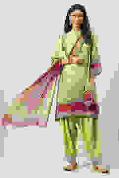 Green Art Silk Straight Kurta Salwar Pant Suit Set image number 6