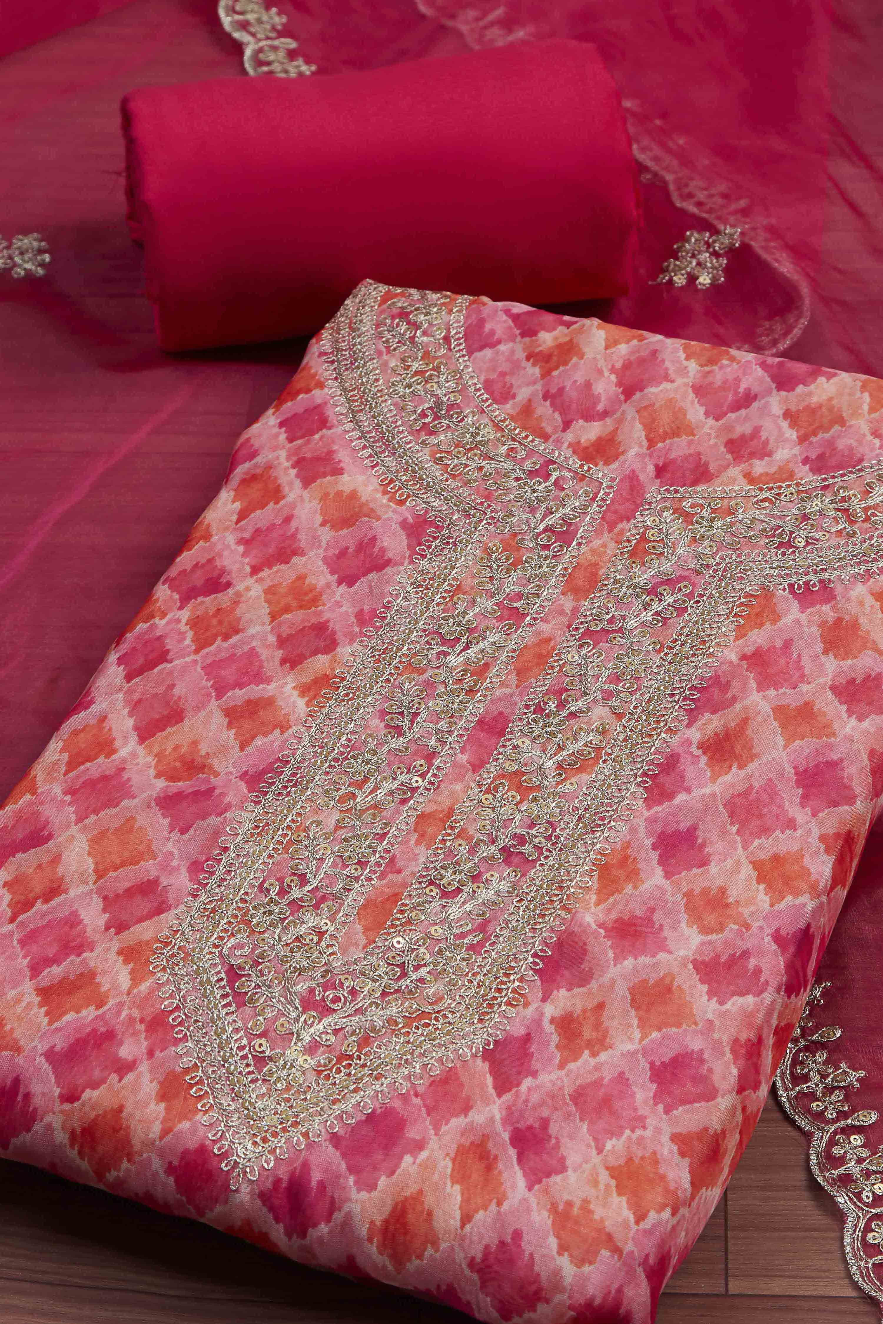 Pink Organza Rajasthani Print Unstitched Suit Set image number 1