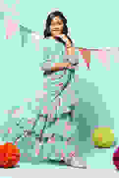 Turquoise Polyester Short Kurta Printed Lehenga Set image number 5