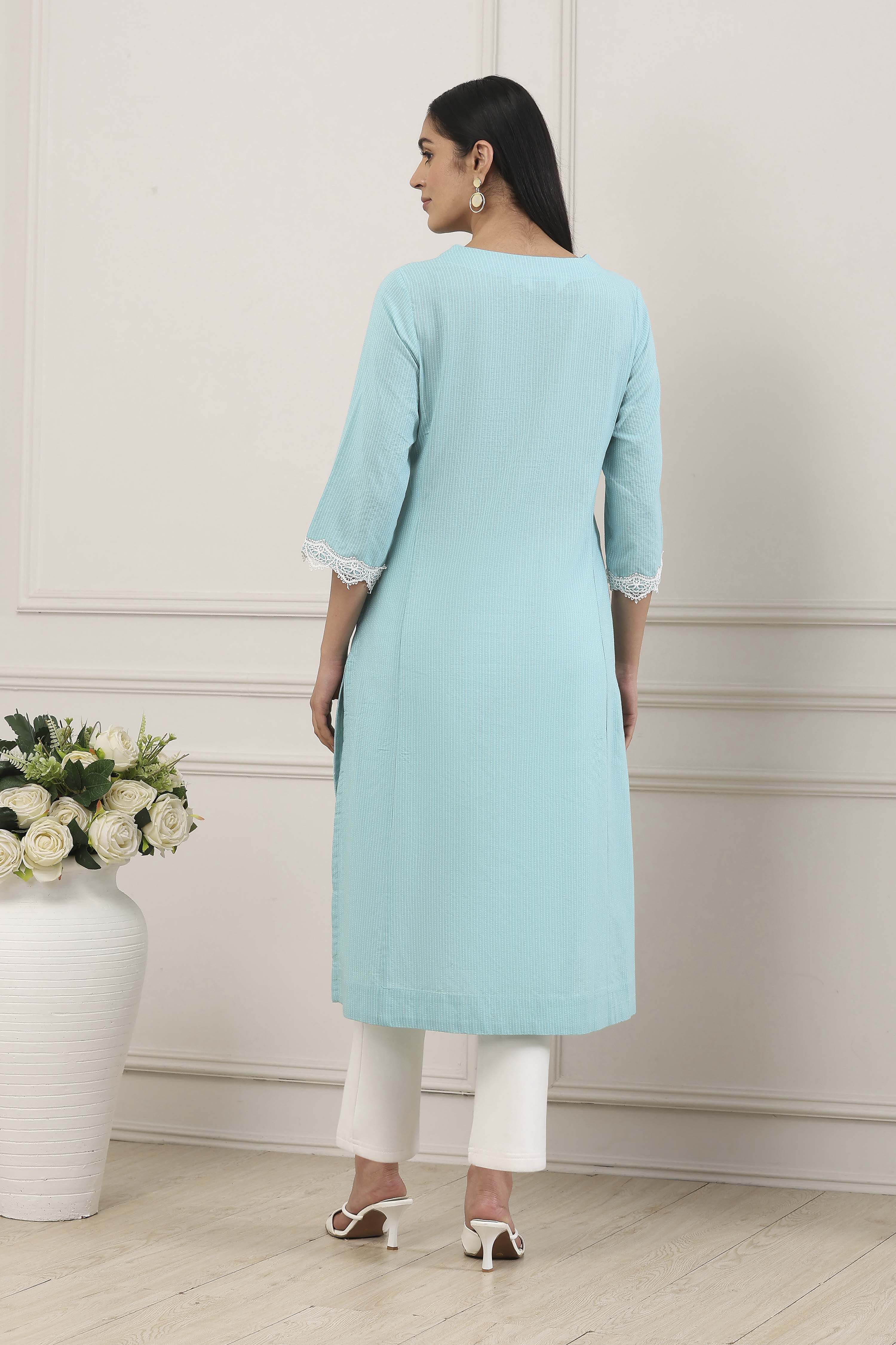 Blue Cotton Lace Trim Straight Kurta image number 3