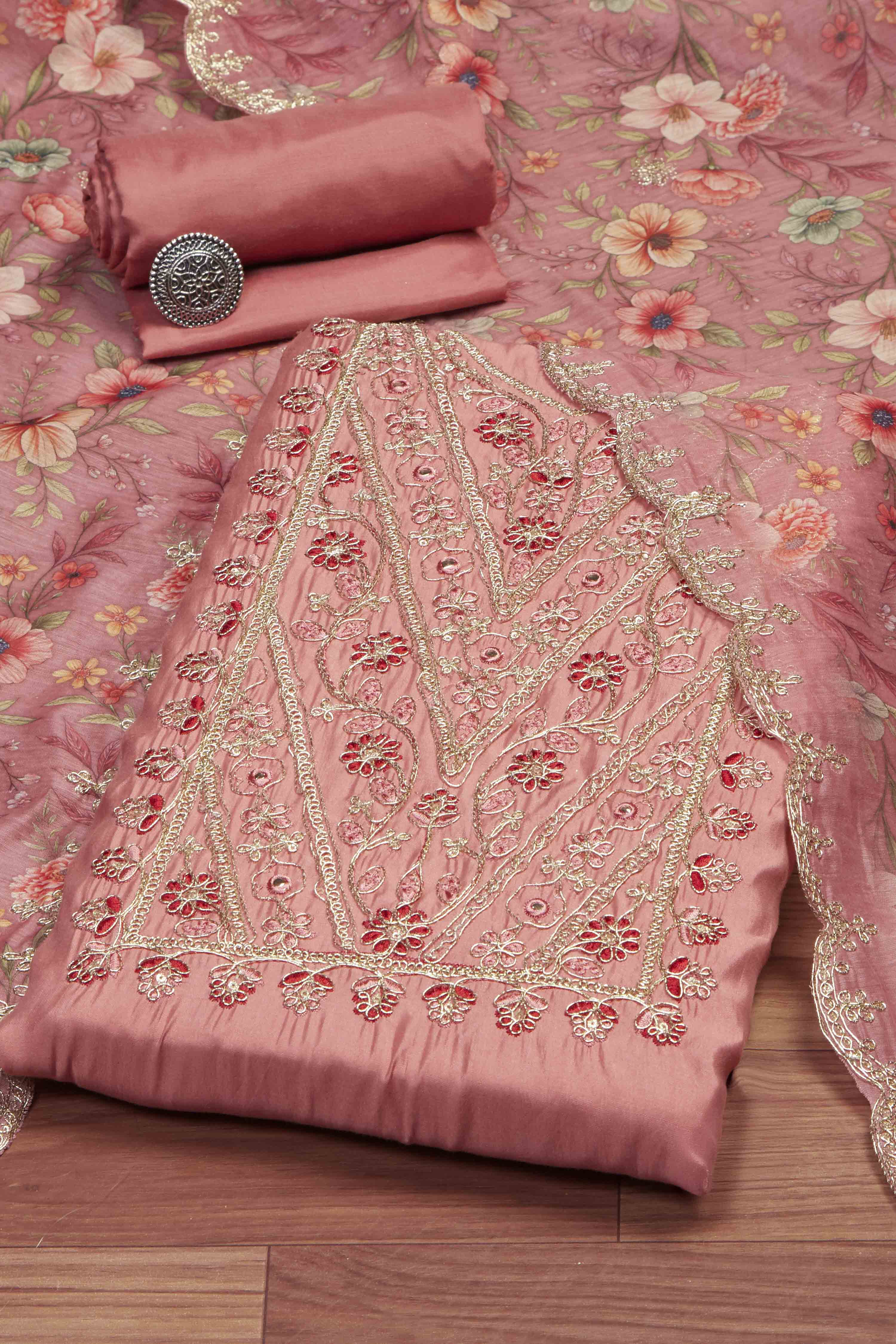 Peach Cotton Printed Embroidered Unstitched Suit Set image number 0