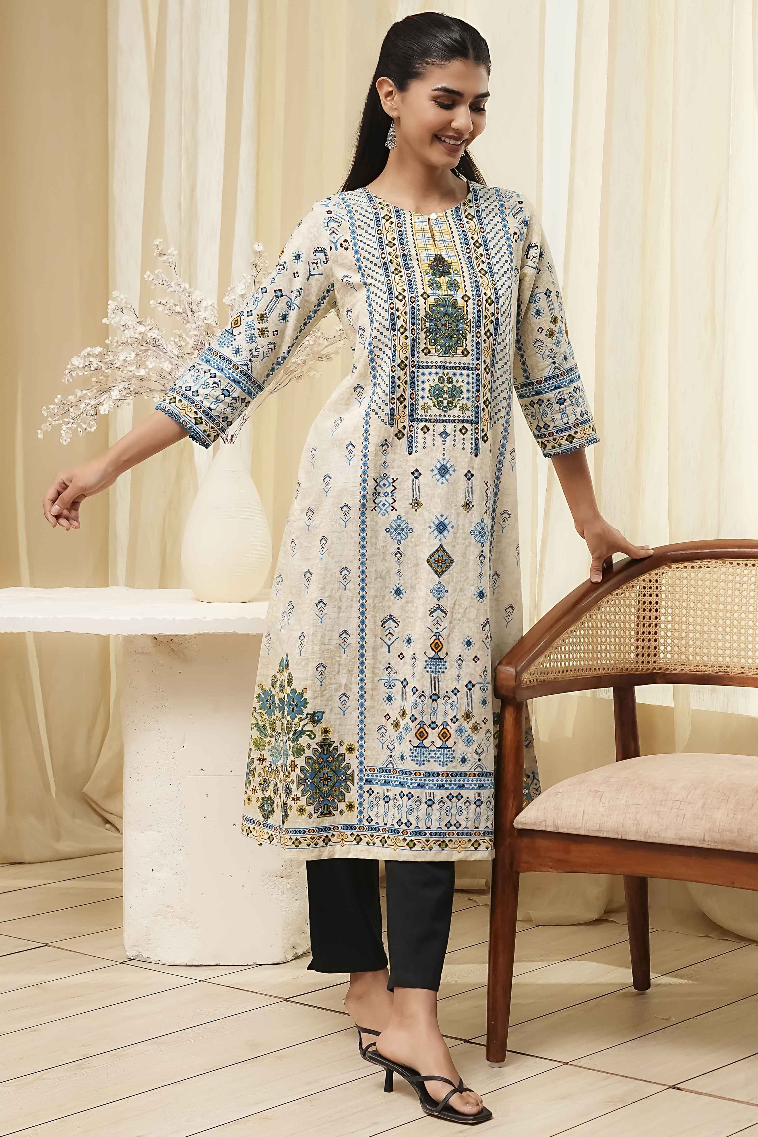 Off-White and Blue Cotton Straight Kurta image number 0
