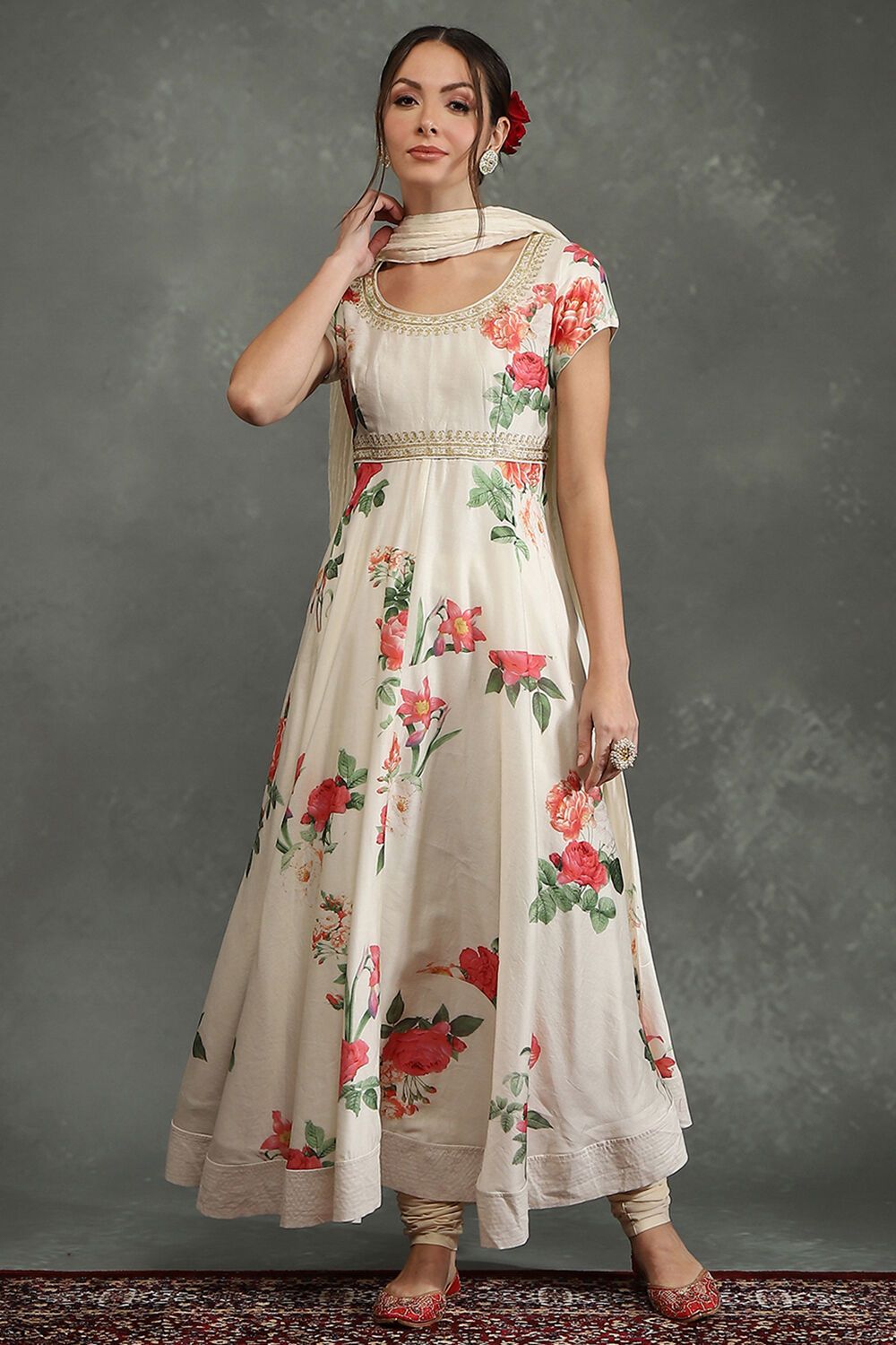 Cream-Colored Silk Chanderi Floral Printed Anarkali Suit Set image number 6