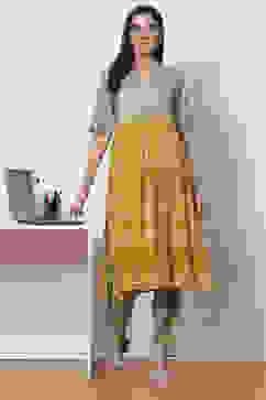 Mud Ochre LIVA A-Line Fusion Printed Kurta Set image number 6