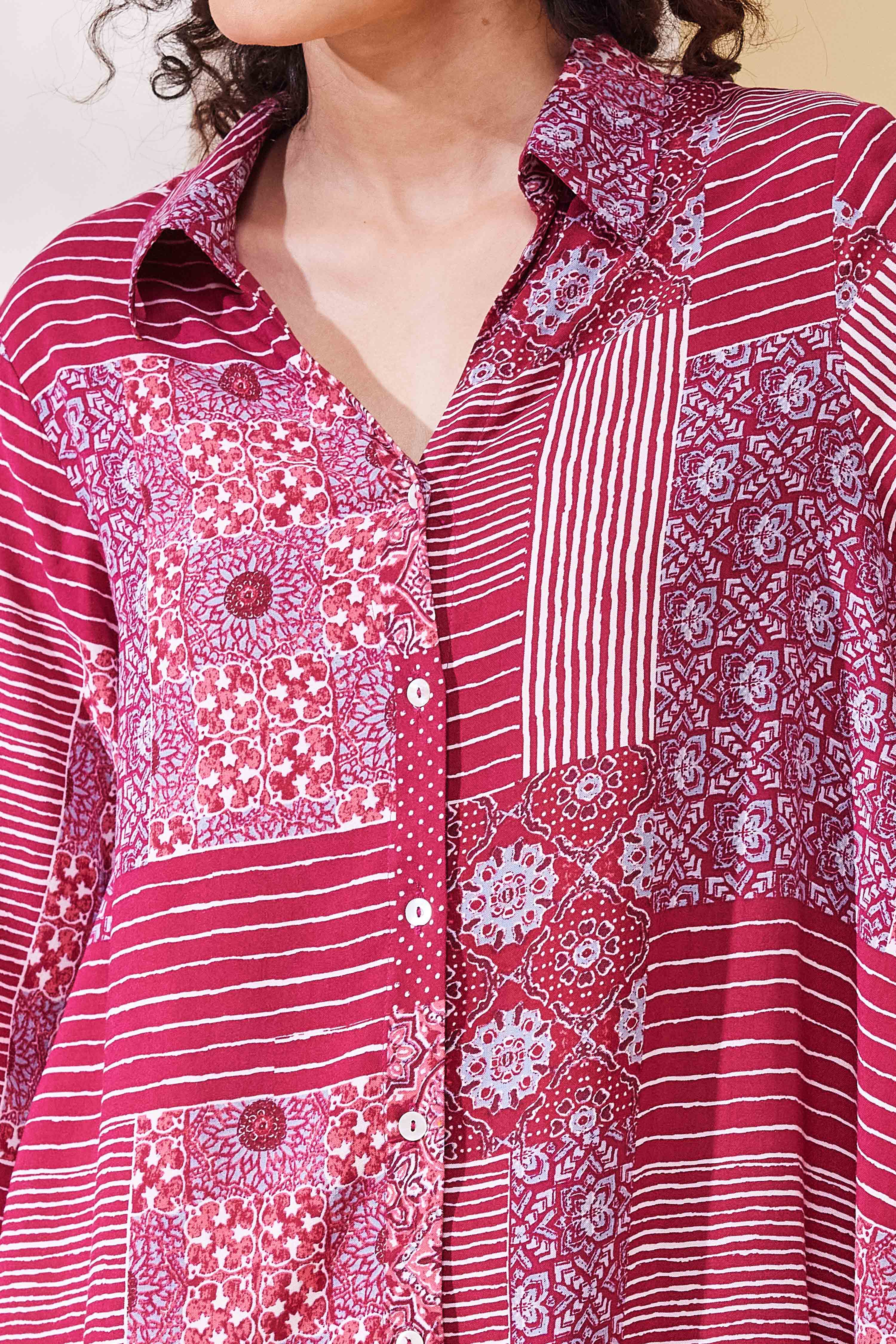 Maroon Viscose Rayon Asymmetric Shirt image number 1