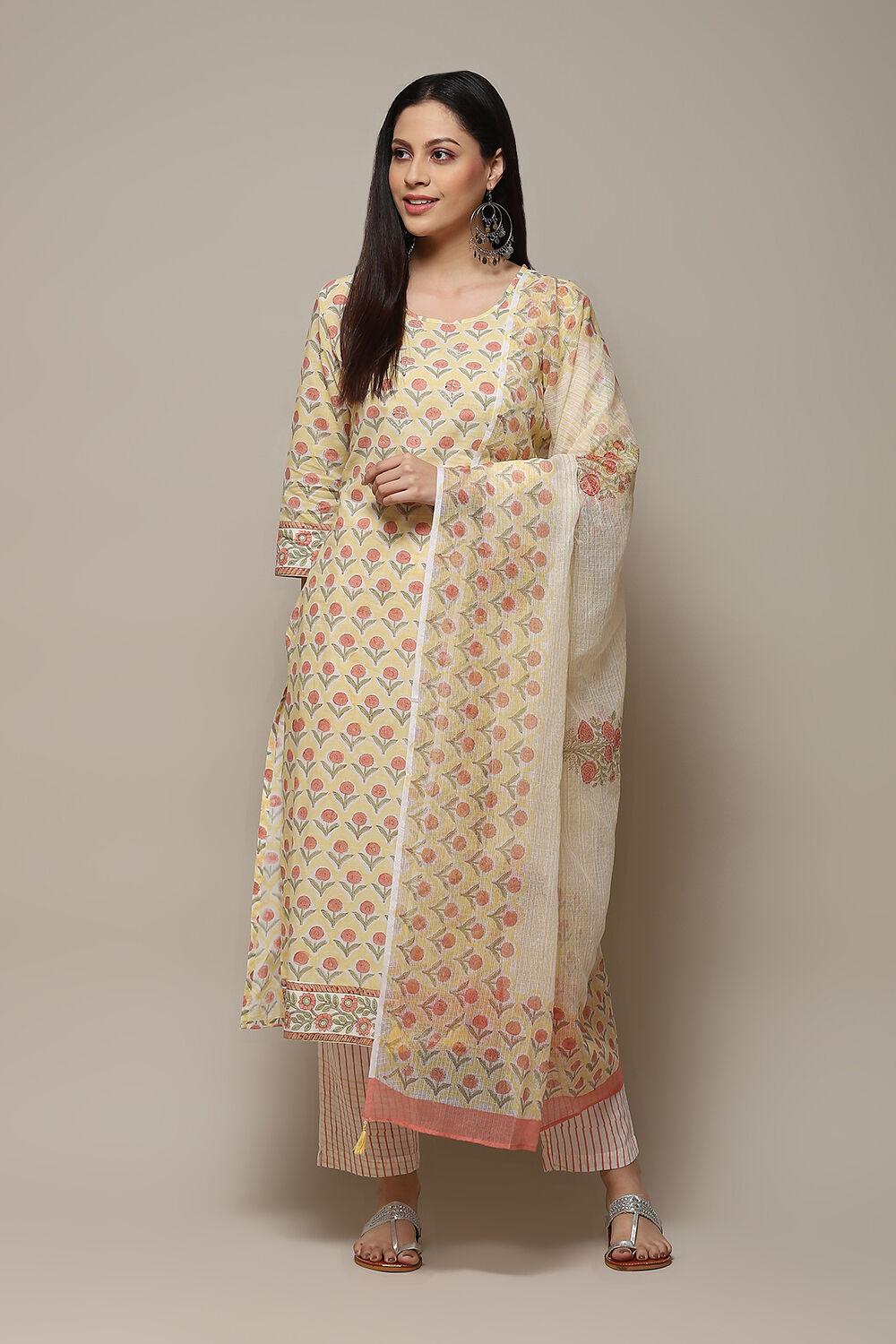 Yellow Cotton Hand Block Print Unstitched Suit Set image number 8