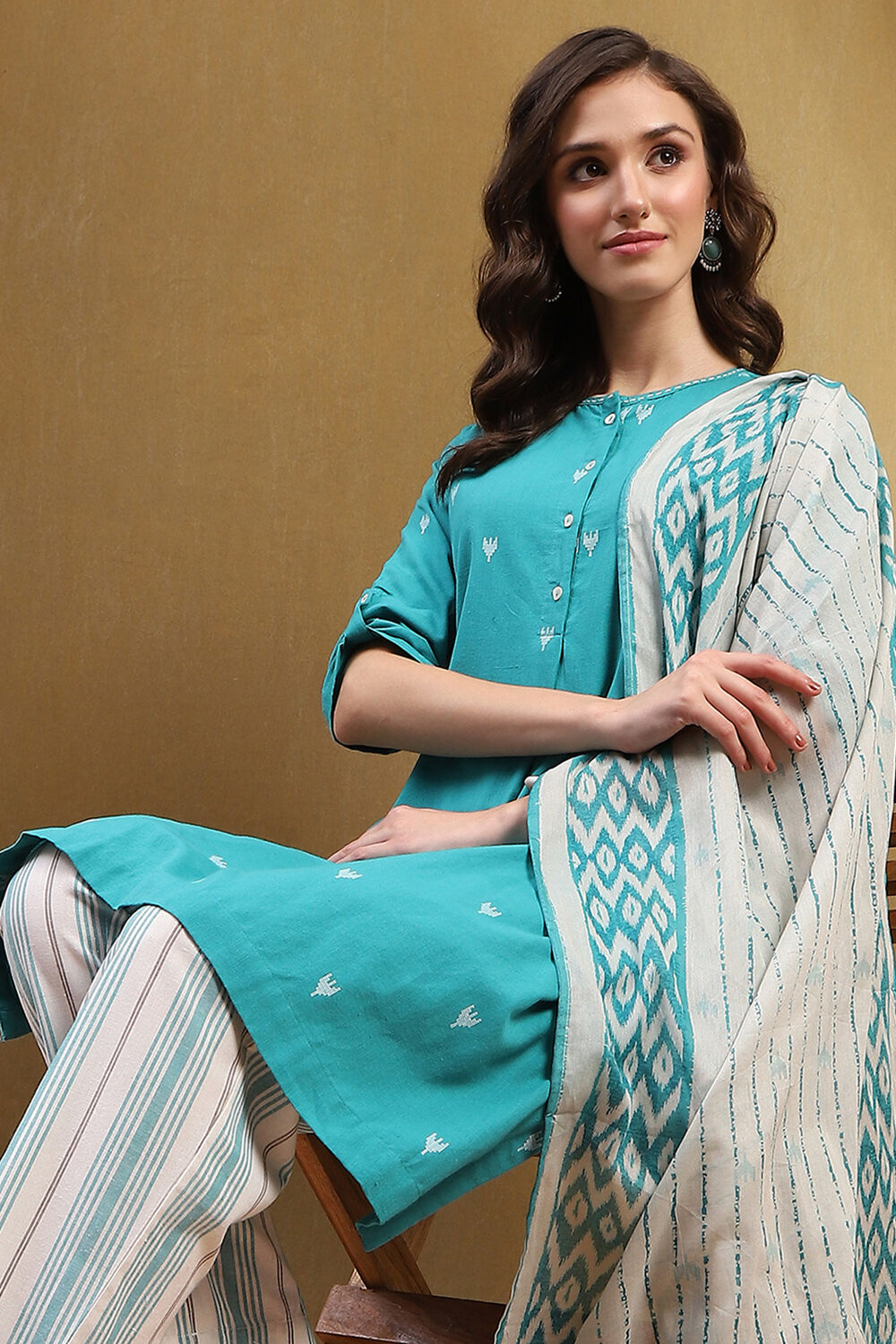 Orange Cotton Printed Straight Suit Set image number 8