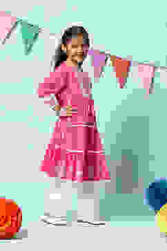 Fuschia Cotton Tiered Kurta Straight Palazzo 2 Piece Set image number 5