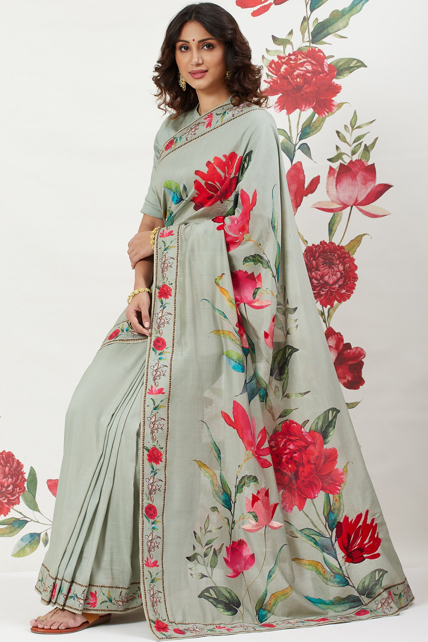 Green Chanderi Silk Printed Saree With Blouse image number 0