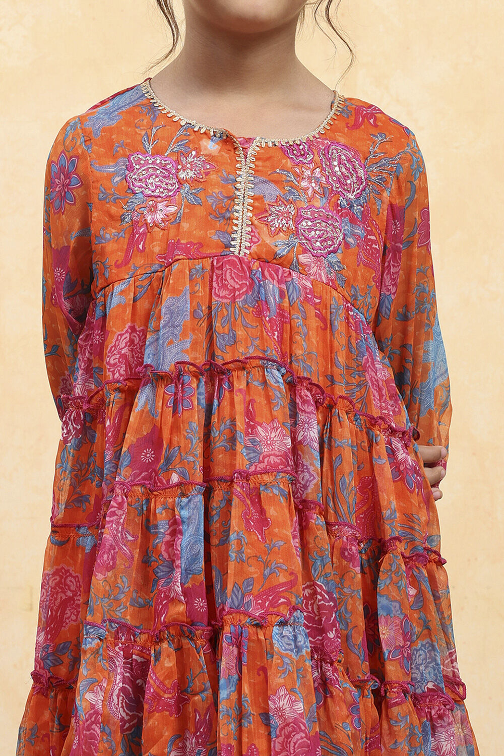 Orange Floral Printed Tiered Suit Set image number 1