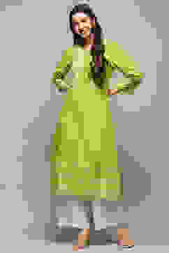 Green Rayon flax Relaxed Kurta Palazzo Suit Set image number 6