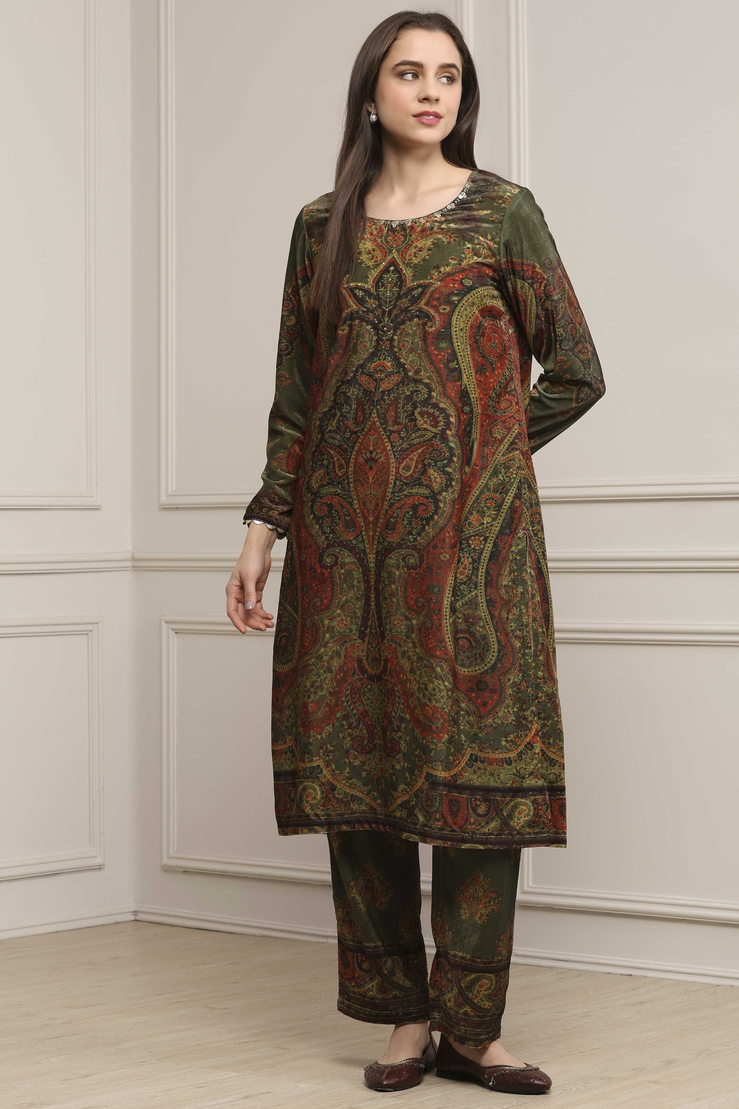 Green Polyester Straight Printed Kurta Set image number 6