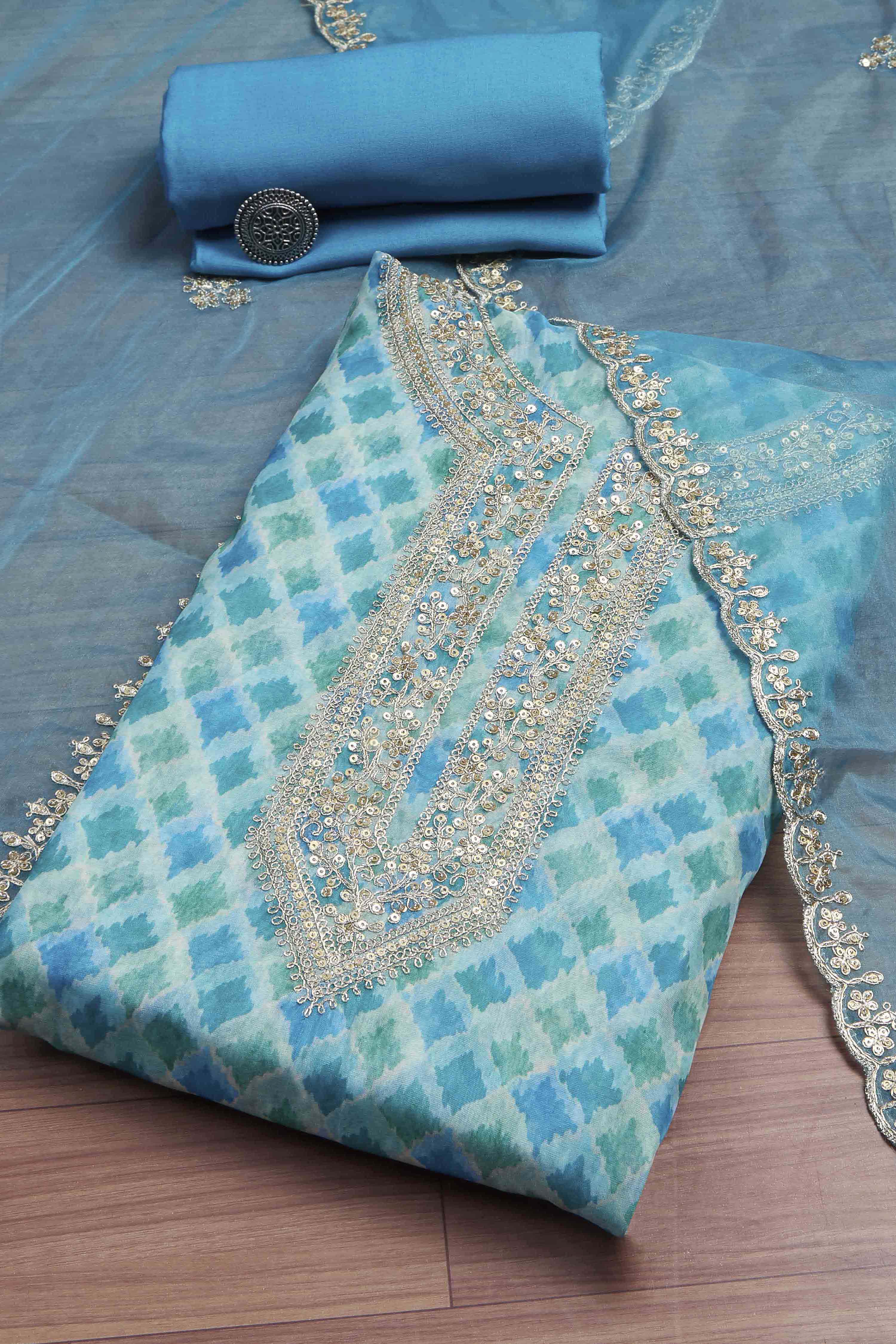 Yellow Organza Rajasthani Print Unstitched Suit Set image number 0