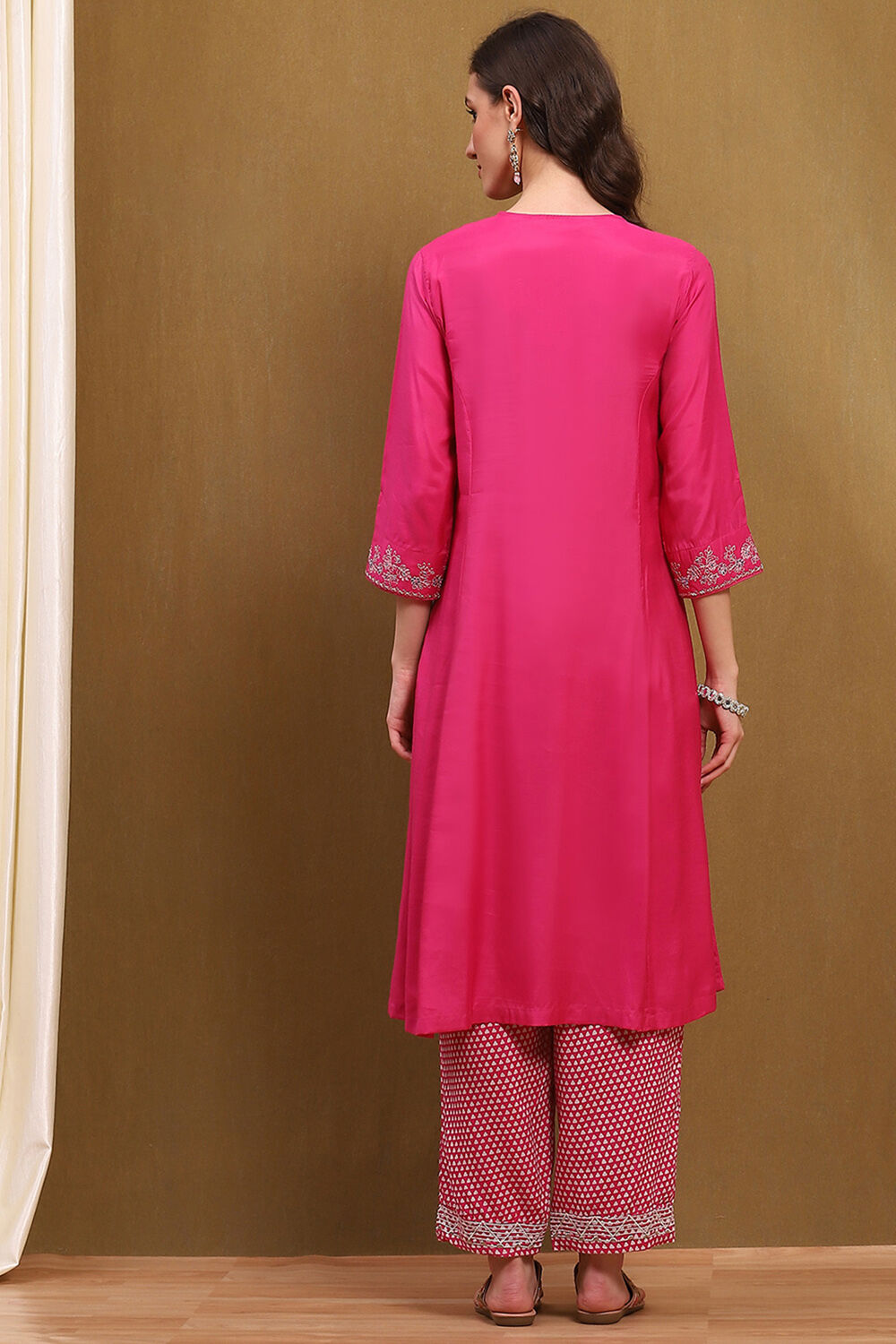 Fuchsia Modal Embroidered Festive Kalidar Suit Set image number 4